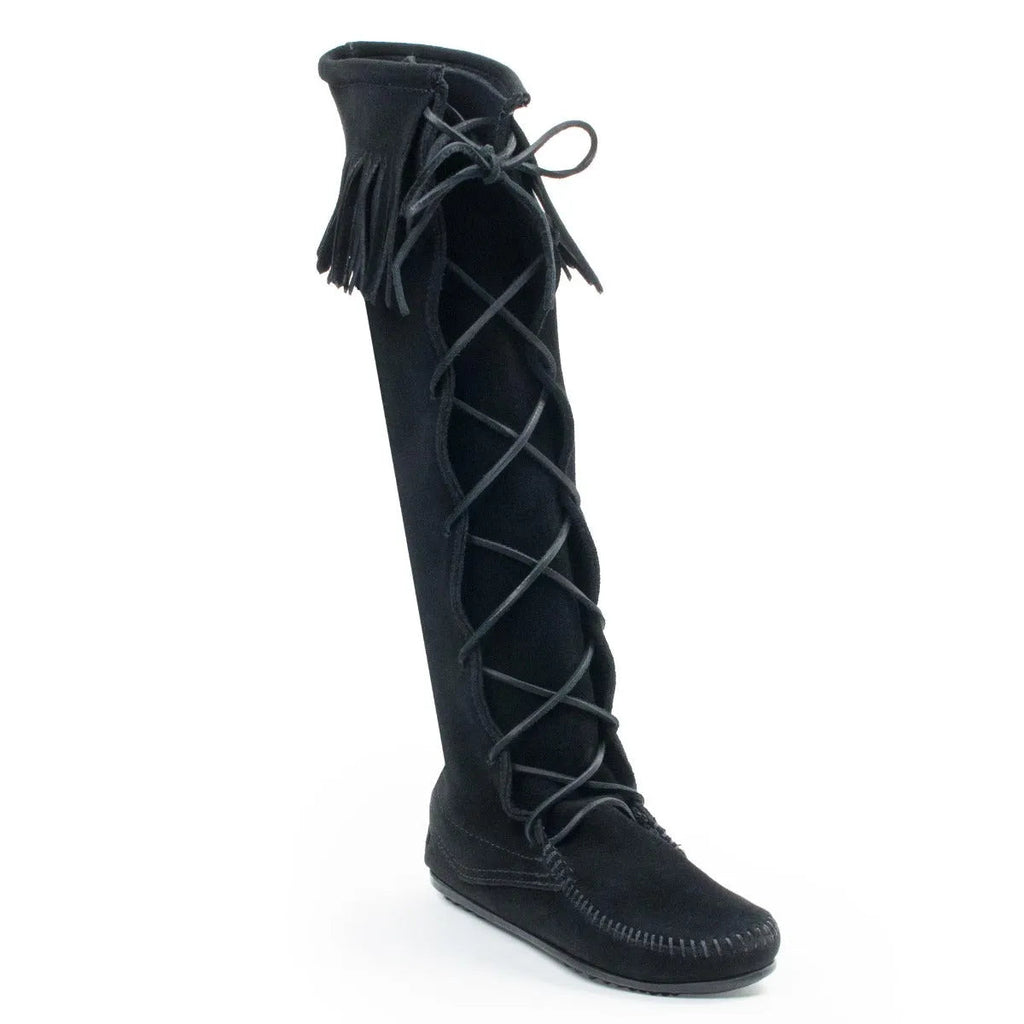 Minnetonka Front Lace Knee High Boot - Womens Boots Black Regular