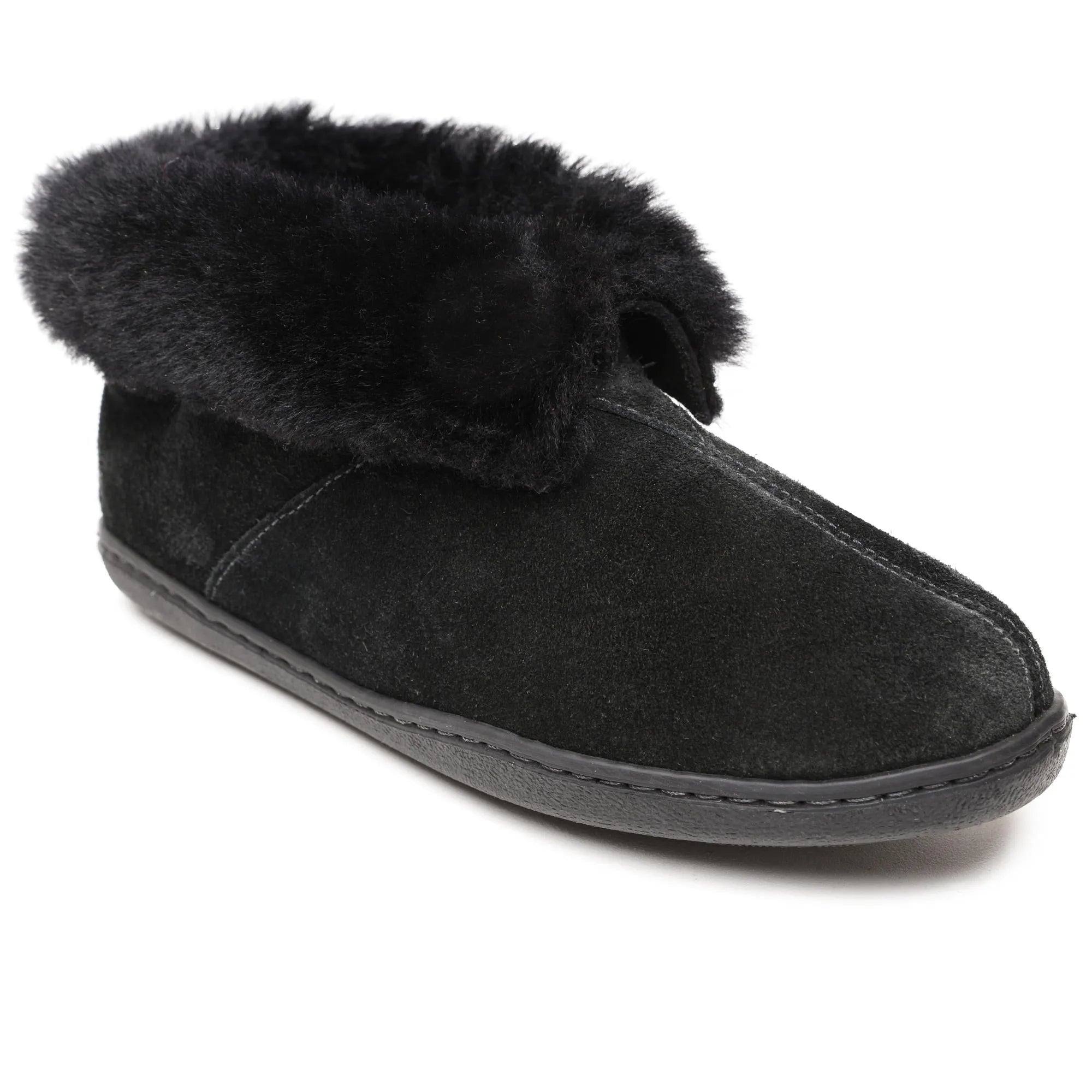 Minnetonka Sheepskin Ankle Boot - Womens Slipper Black Regular