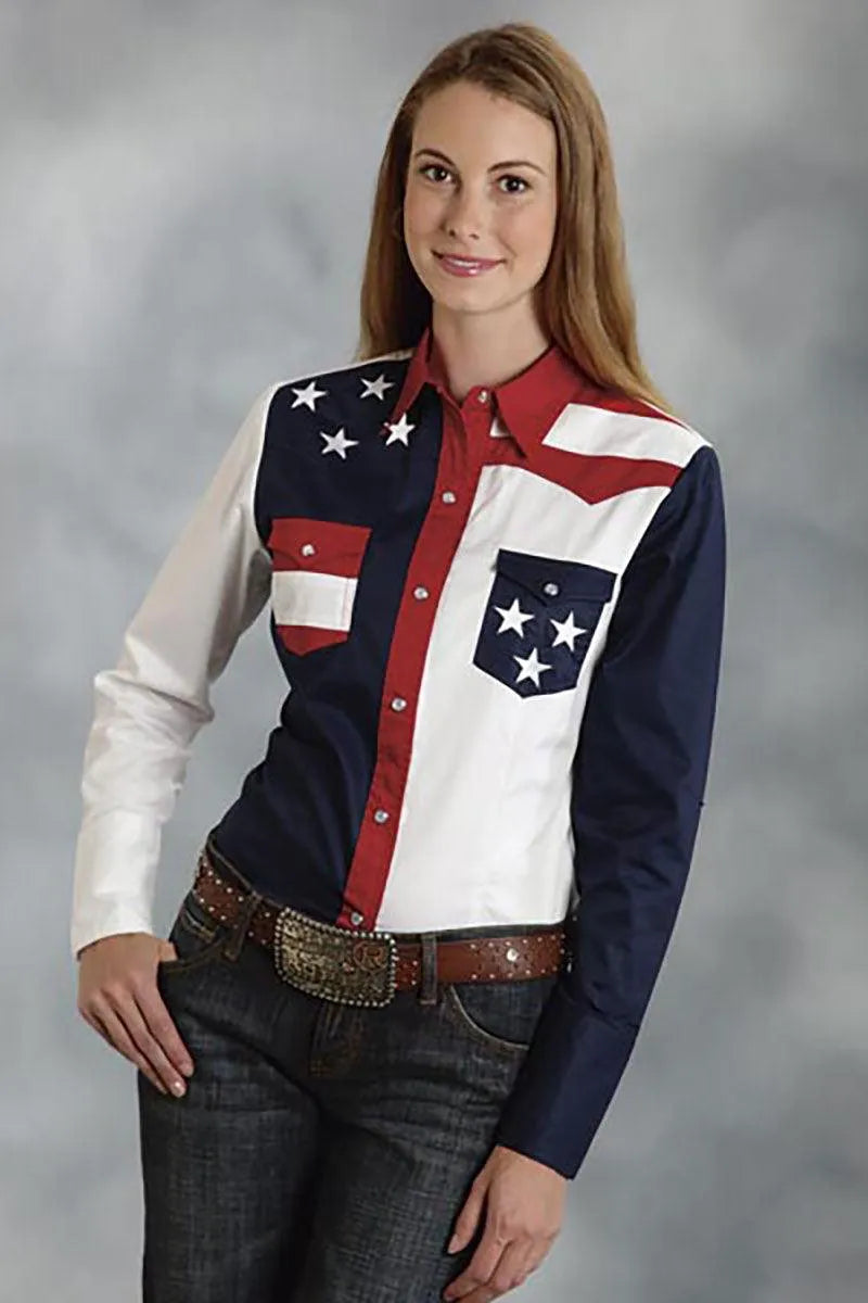 Roper American Flag Long Sleeve Snap - Women's Shirt Red White & Blue