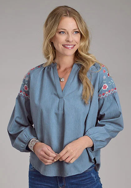 Roper 2435 Denim V-Neck (Blue) - Women's Western Blouse Blue