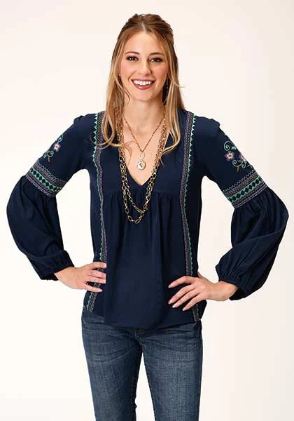 Roper 00860 Crepe V Neck (Navy) - Women's Western Blouse Navy