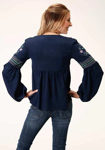 Roper 00860 Crepe V Neck (Navy) - Women's Western Blouse