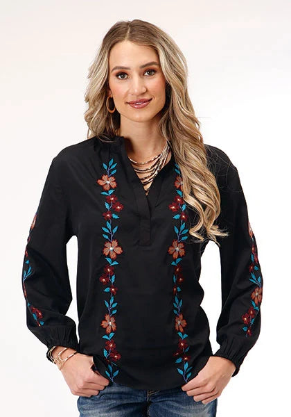 Roper 1792 Poly V-Neck (Black) - Women's Western Blouse Black