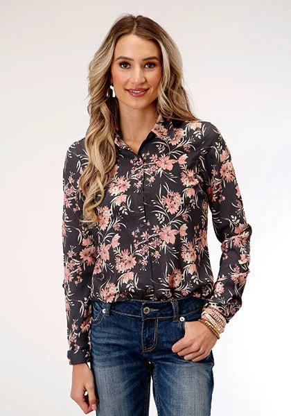 Roper 1751 Coral Floral (Grey) - Women's Western Blouse Grey