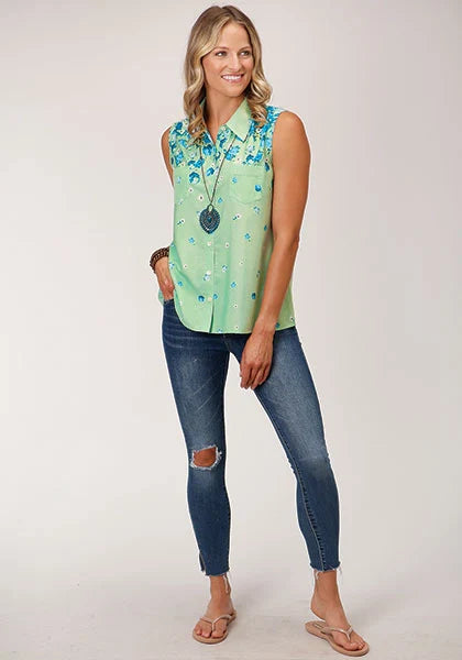 Roper 1545 Summer Floral (Green) - Women's Sleeveless Shirt