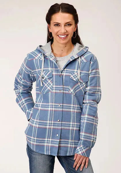 Roper Thermal Flannel Hoodie (Blue) - Women's Flannel Button Down Hoodie Sweatshirt Blue