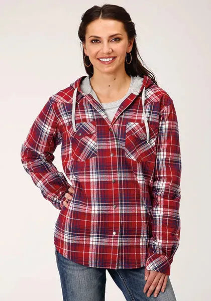 Roper Thermal Flannel Hoodie (Wine) - Women's Flannel Button Down Hoodie Sweatshirt Wine