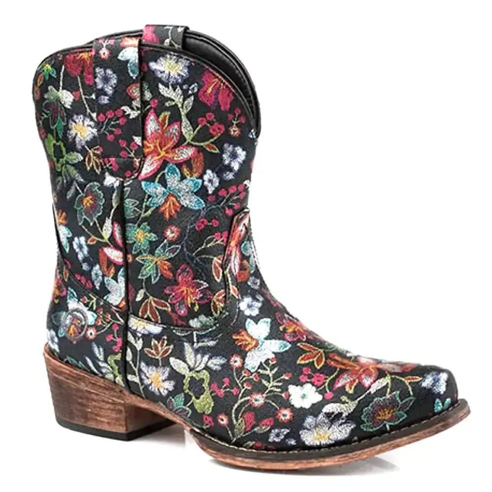 Roper Ingrid (Black) - Women's Metallic Leather Cowgirl Boot Black Regular