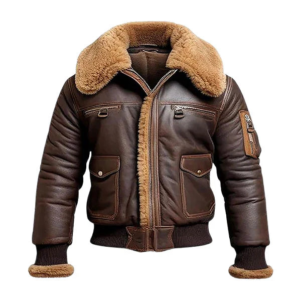 Men’s Bomber Style Shearling Leather Jacket Brown