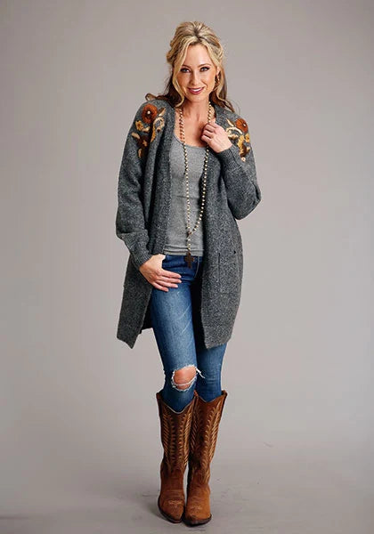 Stetson 1799 Embroidered Cardigan (Grey) - Women's Sweater Grey