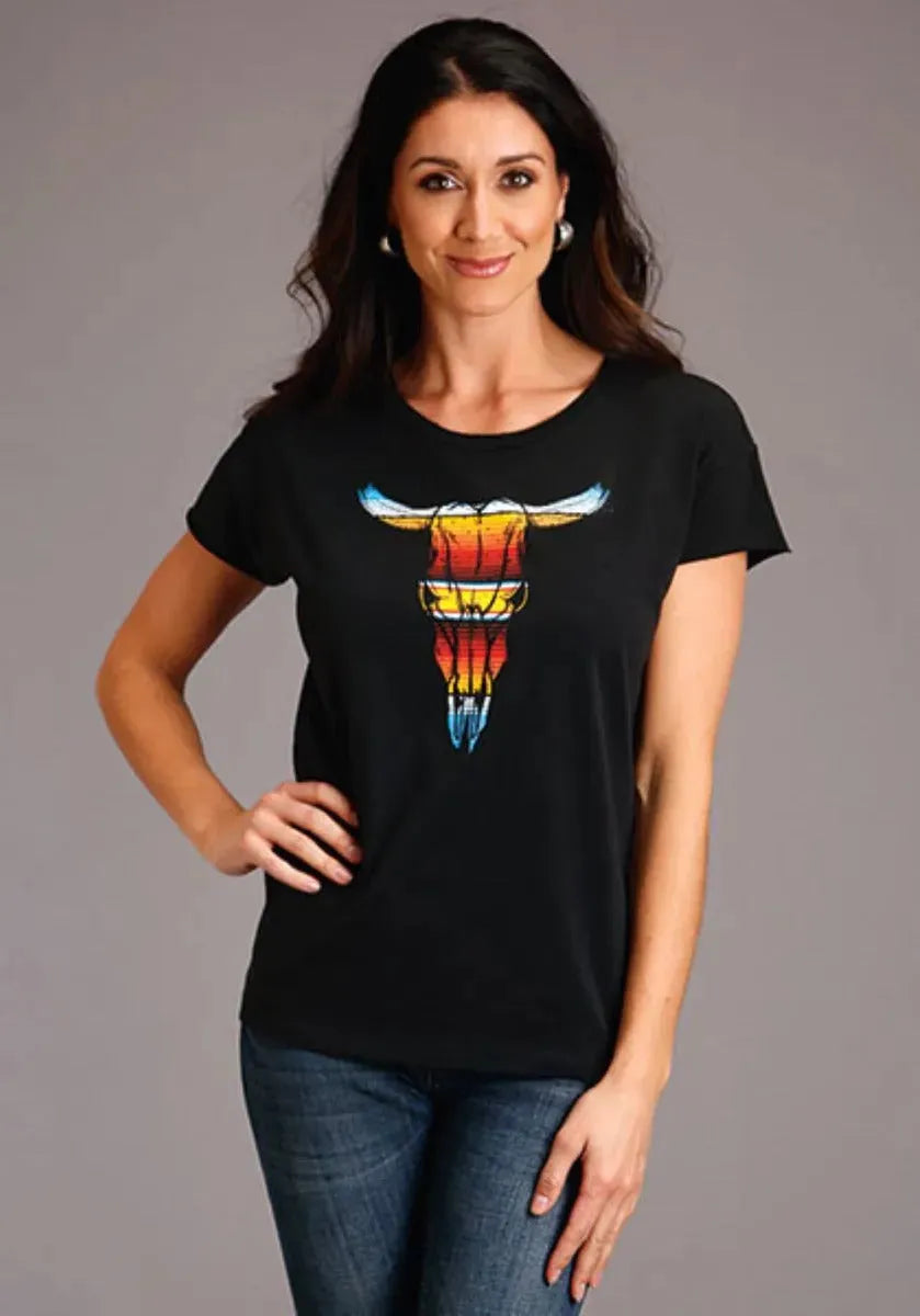 Stetson Serape Longhorn Skull (Grey) - Women's Short Sleeve T-Shirt Grey