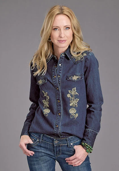 Stetson Floral Embroidery (Blue) - Women's Denim Blouse Blue