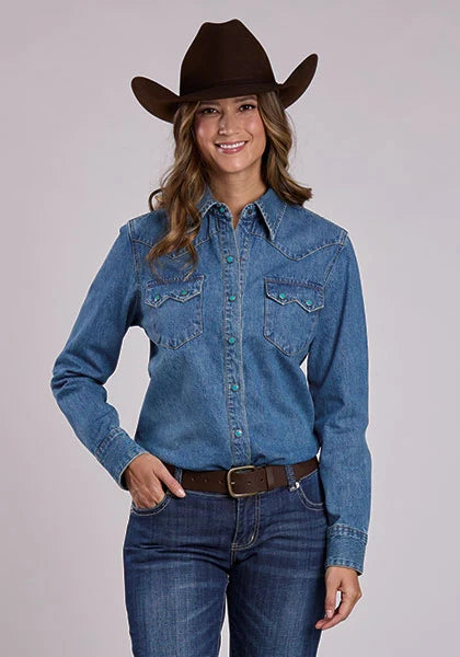 Stetson 2551 Turquoise Snaps (Blue) - Women's Denim Blouse Blue