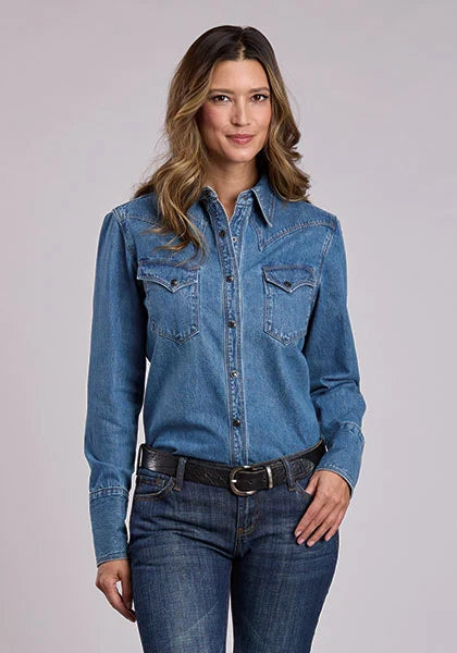 Stetson 2551 Brown Snaps (Blue) - Women's Denim Blouse Blue