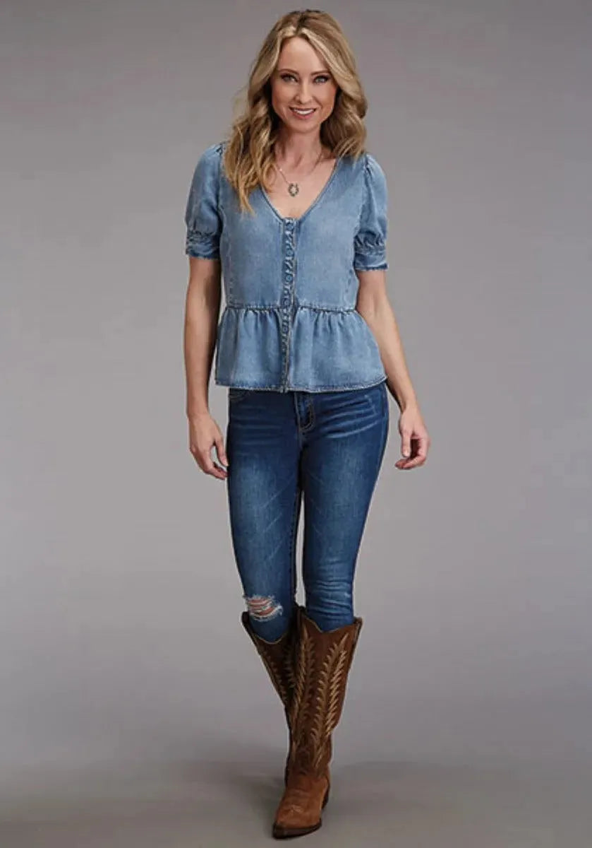 Stetson Lyocel Peasant Blouse (Blue) - Women's Short Sleeve Shirt