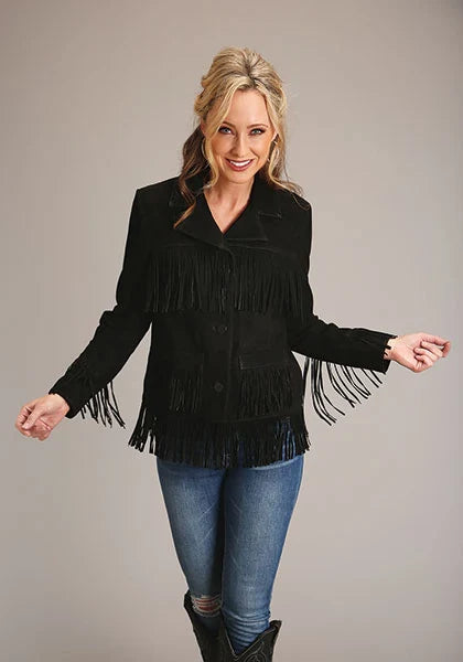 Stetson Fringed Button Front (Black) - Women's Lamb Suede Jacket Black