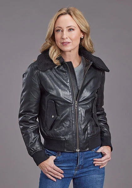 Stetson Sherpa Collar Bomber (Black) - Women's Leather Jacket Black