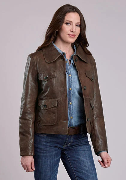 Stetson Cropped Button Front (Brown) - Women's Lamb Leather Jacket Brown