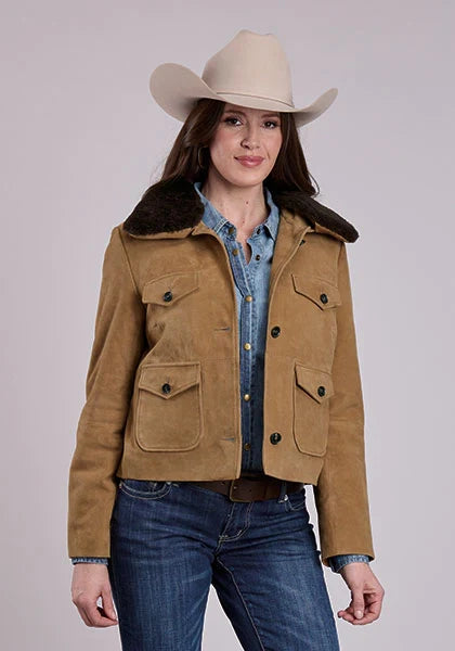 Stetson Cropped Button Front (Chestnut) - Women's Suede Leather Jacket Chestnut