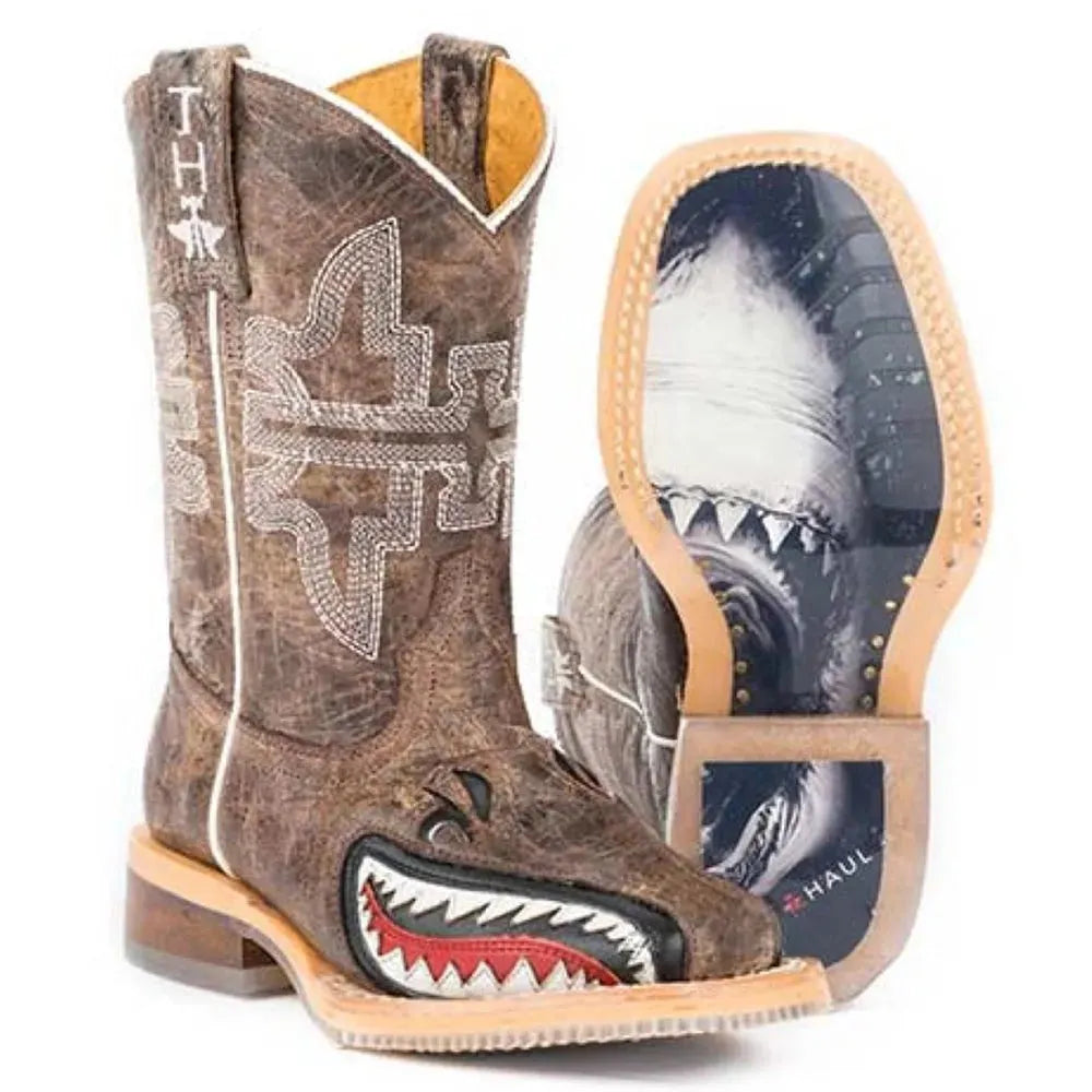 Tin Haul Sharky / Man Eater Sole (Tan) - Little Kids/Big Kids Leather Cowboy Boots Tan Regular