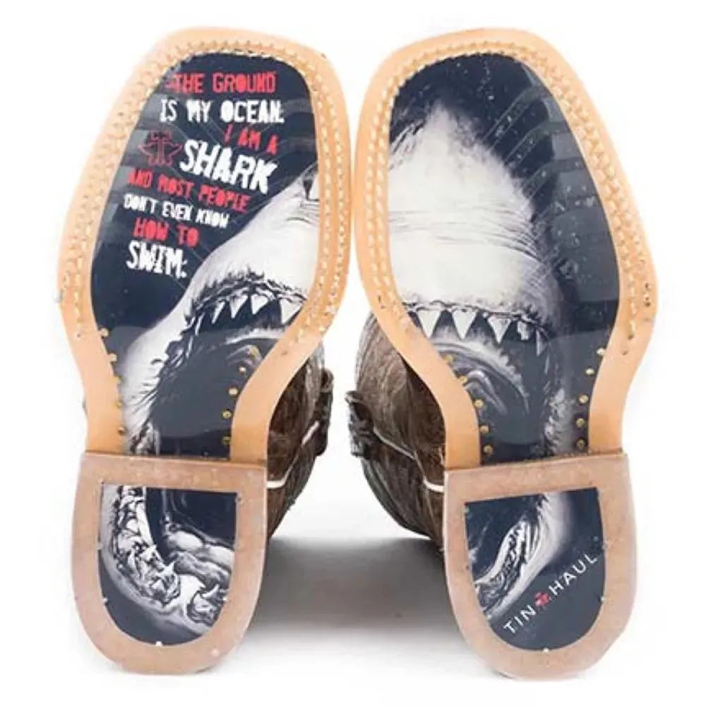 Tin Haul Sharky / Man Eater Sole (Tan) - Little Kids/Big Kids Leather Cowboy Boots
