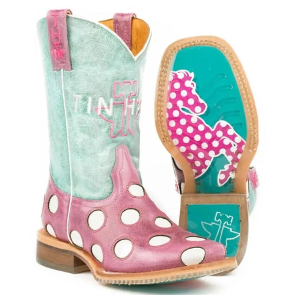 Tin Haul Little Miss Dotty / Horse A Dot Sole (Pink) - Little Kids/Big Kids Leather Cowgirl Boots Pink Regular