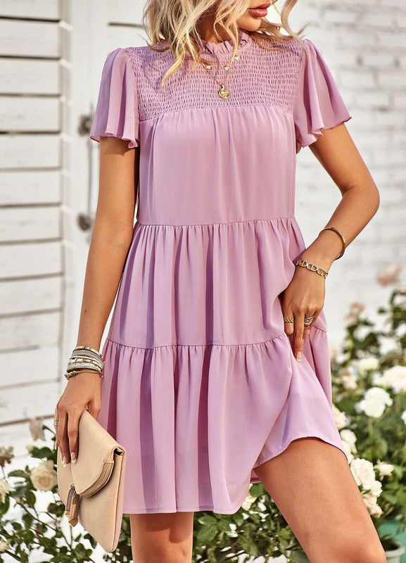 Smocked tiered mini dress lilac