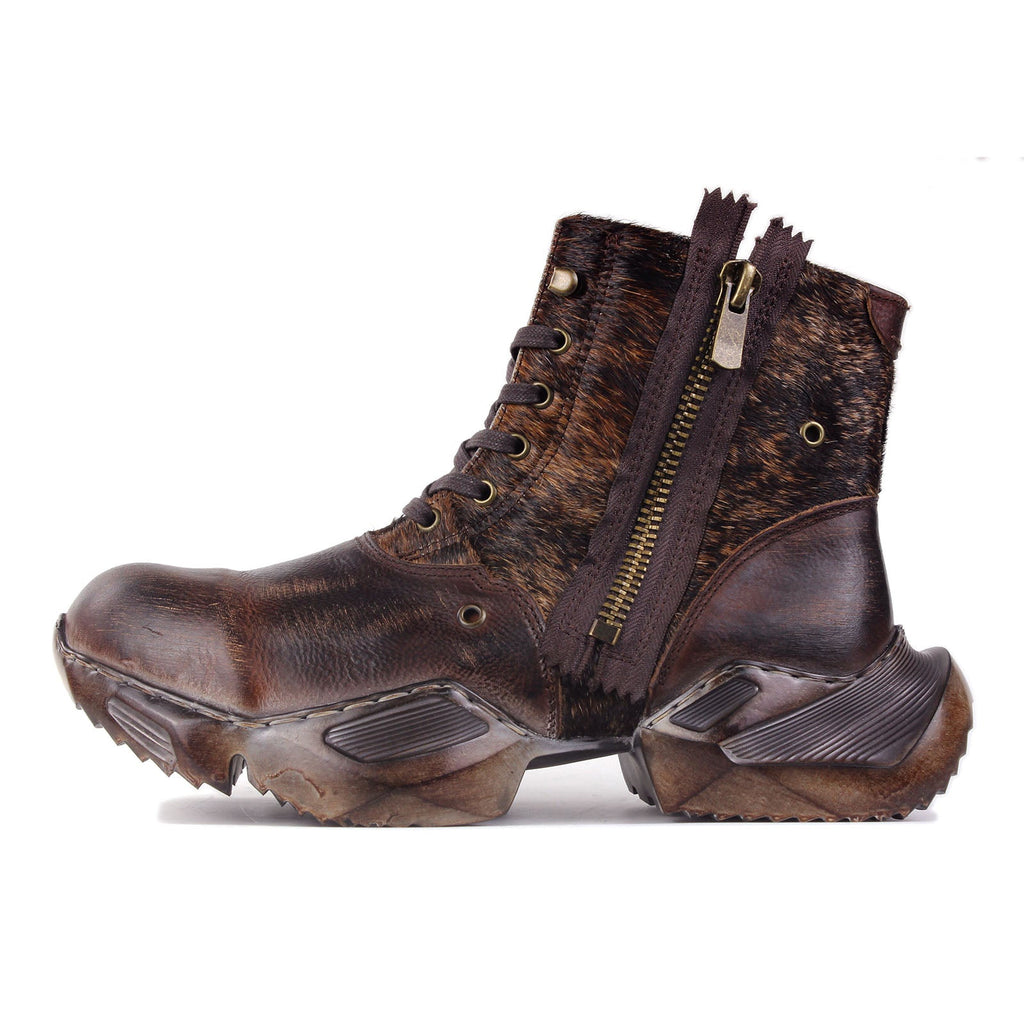 Men's Leather athletic walking Moto Boots OS-5008-S-8-PHair-B Horsehair Brown