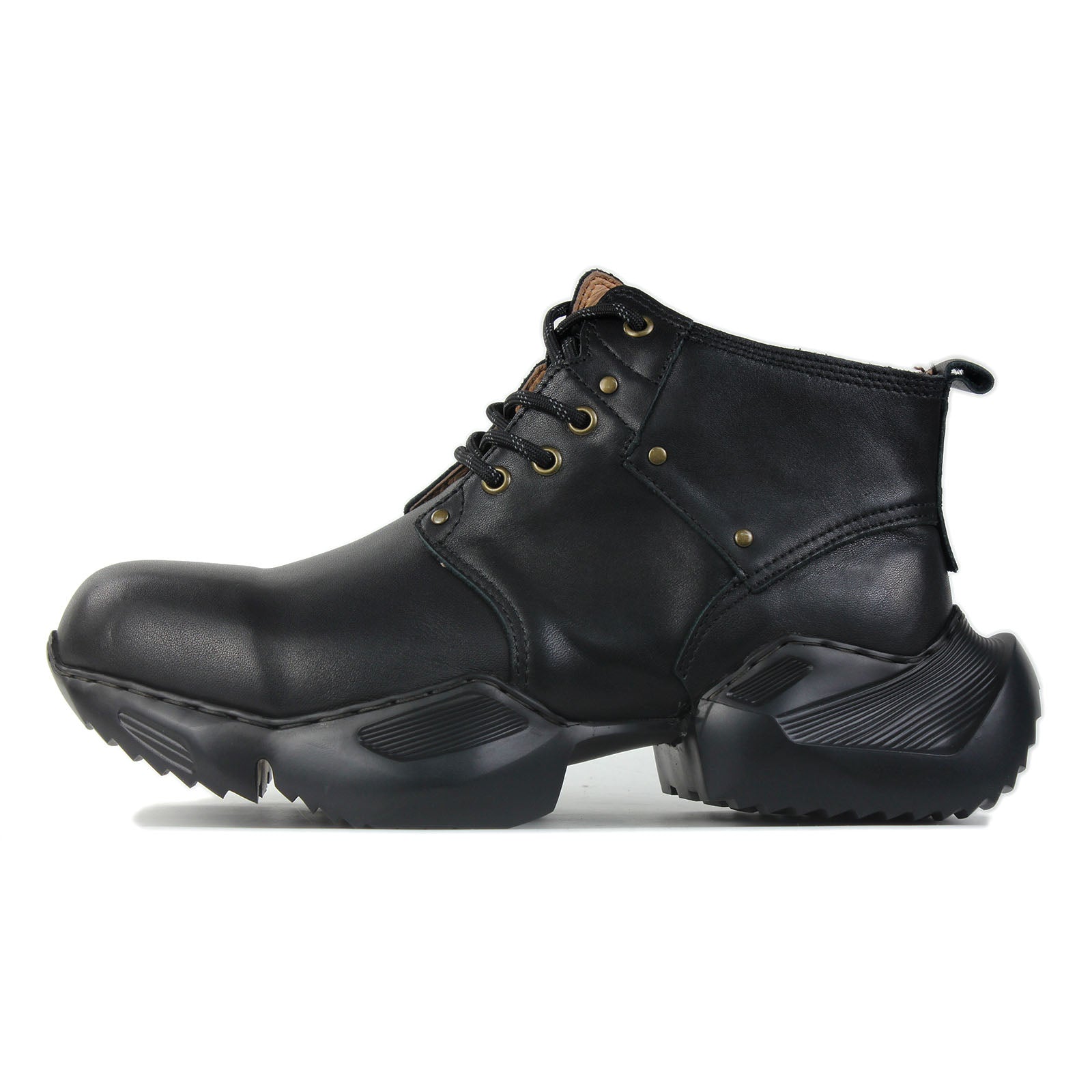 Men's Leather athletic walking Moto Boots OS-5008-S-1 Classic Black and OFF-WHITE Black