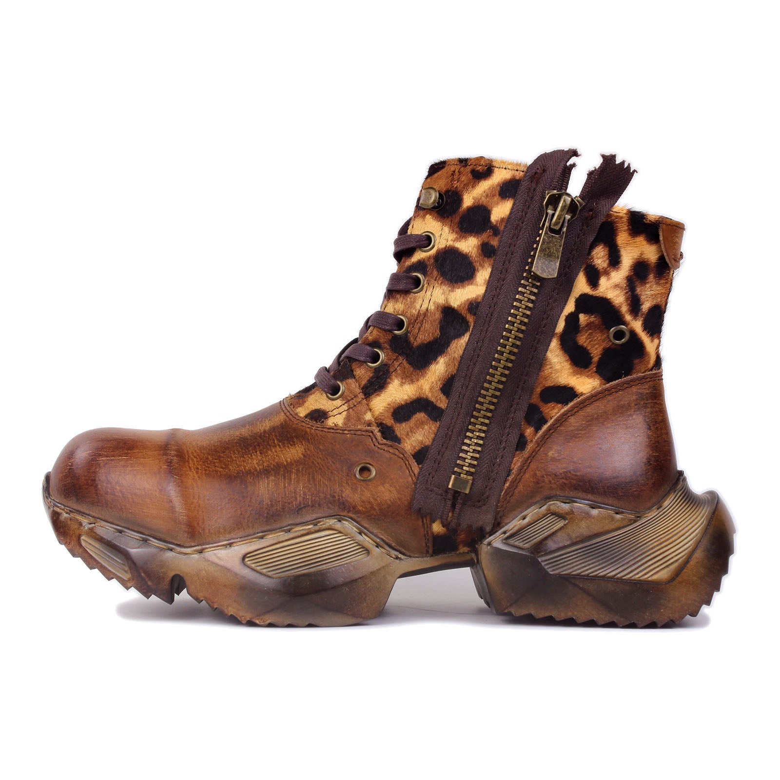 Men's Leather athletic walking Moto Boots OS-5008-S-8-Leopard Leopard Brown