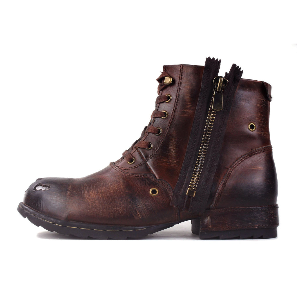 Men's Leather Ankle Moto Boots OS-5008-8-Metal Brown Brown