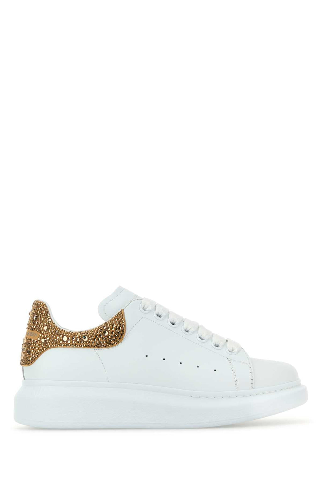 Alexander Mcqueen Women White Leather Sneakers With Embellished Suede Heel