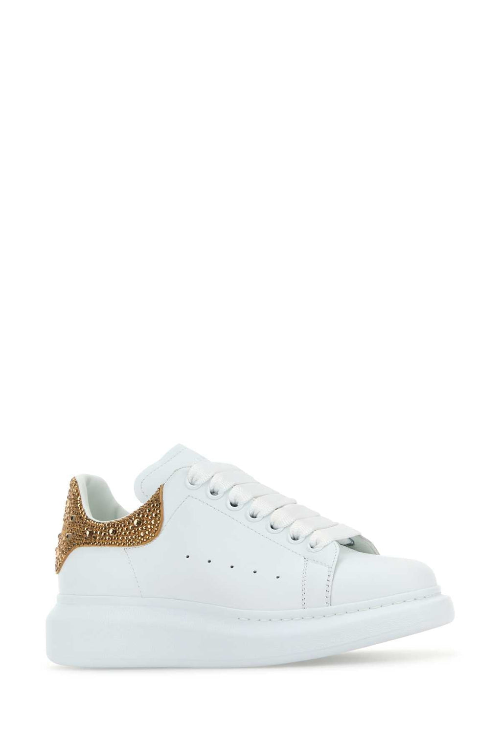 Alexander Mcqueen Women White Leather Sneakers With Embellished Suede Heel