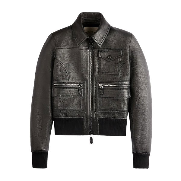 Women's Premium Black Leather Bomber Jacket Black