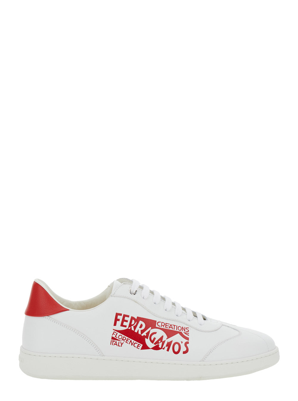 Ferragamo Men 'Achille' White Low Top Sneakers With Red Logo Detail In Leather Man