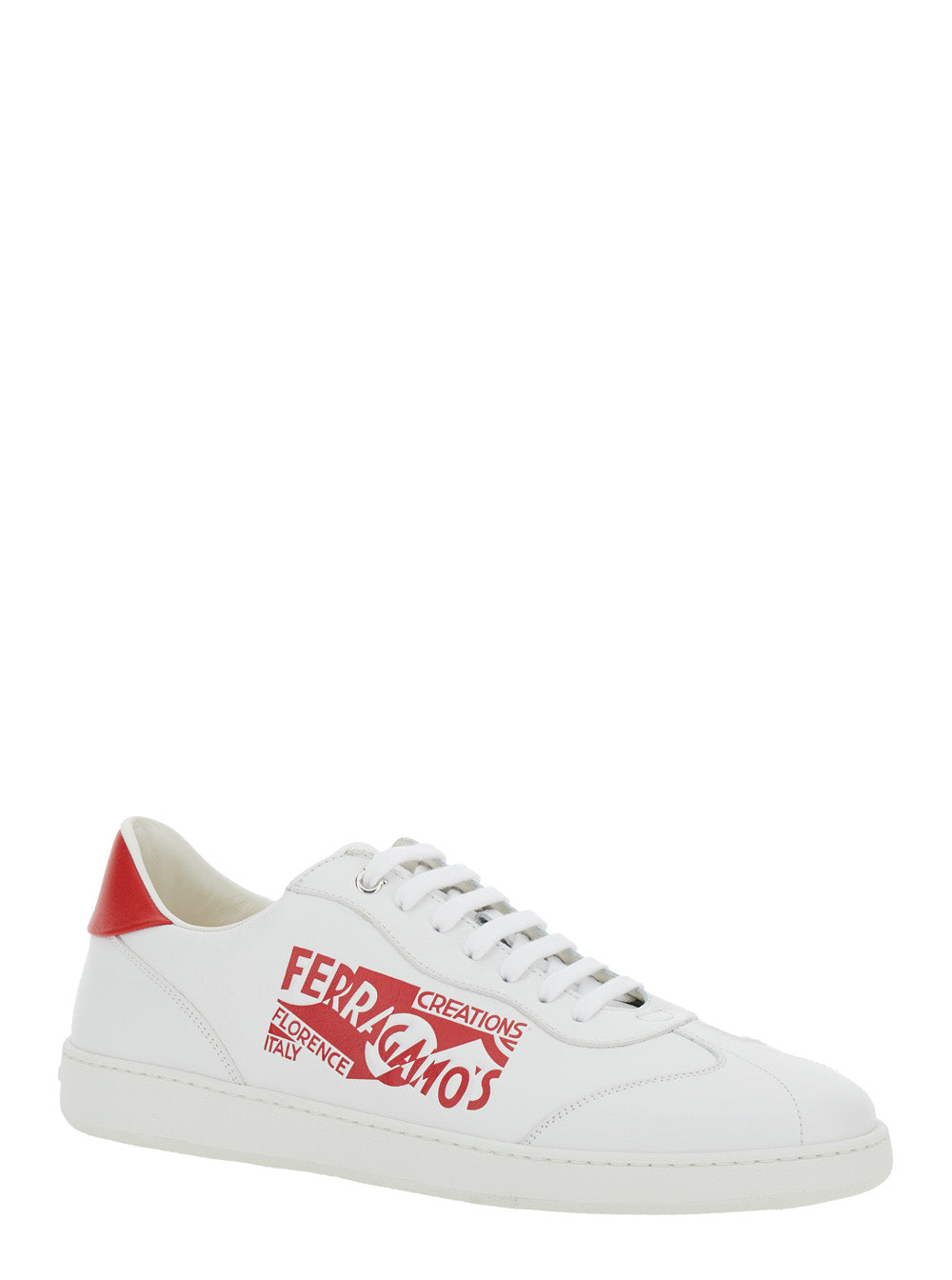 Ferragamo Men 'Achille' White Low Top Sneakers With Red Logo Detail In Leather Man
