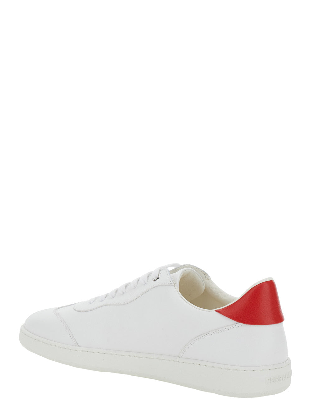 Ferragamo Men 'Achille' White Low Top Sneakers With Red Logo Detail In Leather Man
