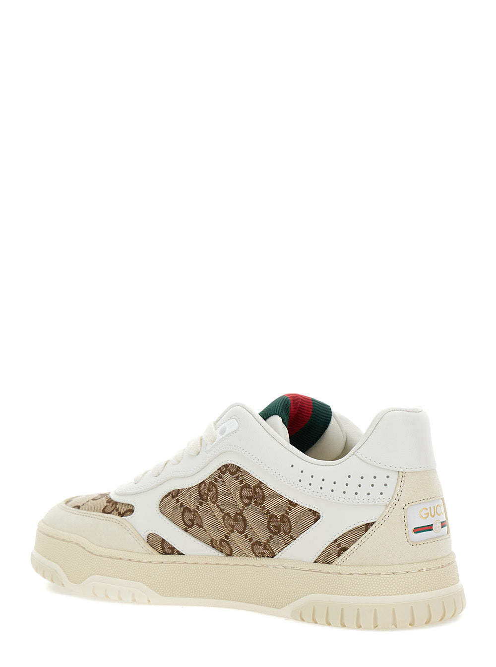 Gucci Women White And Beige Low Top Sneakers With Web Detail In Leather And Gg Supreme Canvas Woman