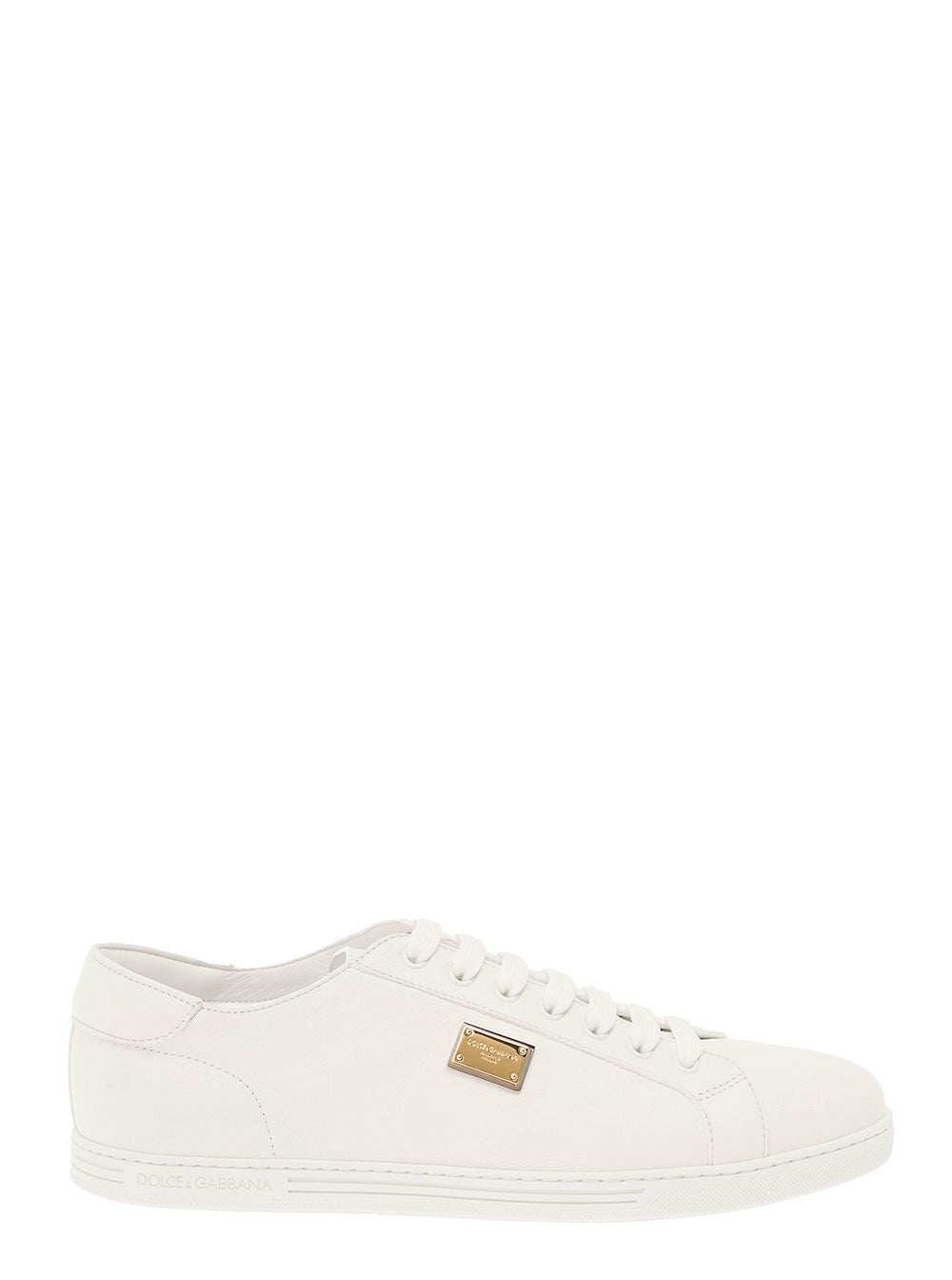 Dolce & Gabbana Men 'Portofino' White Monocrom Low Top Sneakers With Logo Plaque In Leather Man
