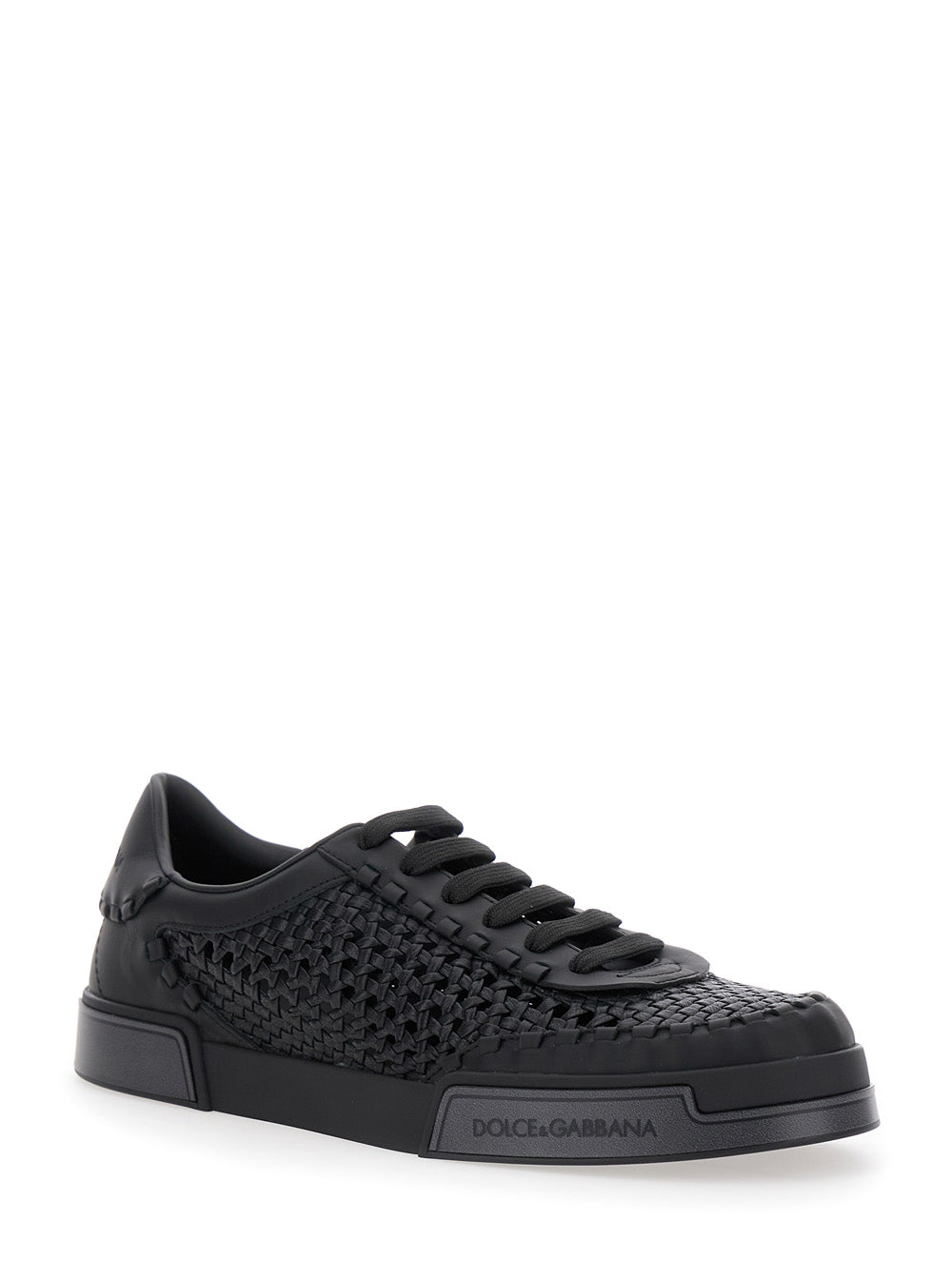 Dolce & Gabbana Men 'Portofino' Black Sneakers With Mesh Inserts And Embossed Logo On The Side In Leather Man