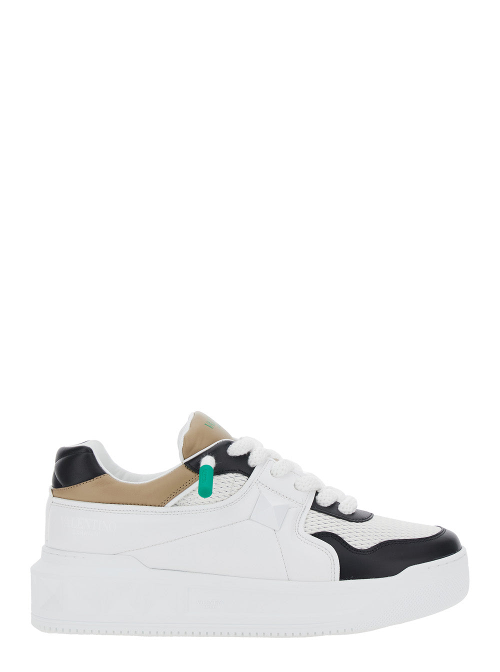 Valentino Garavani Men 'One Stud' White Low Top Sneakers With Rockstud Detail And Color-Block Panels In Leather Man