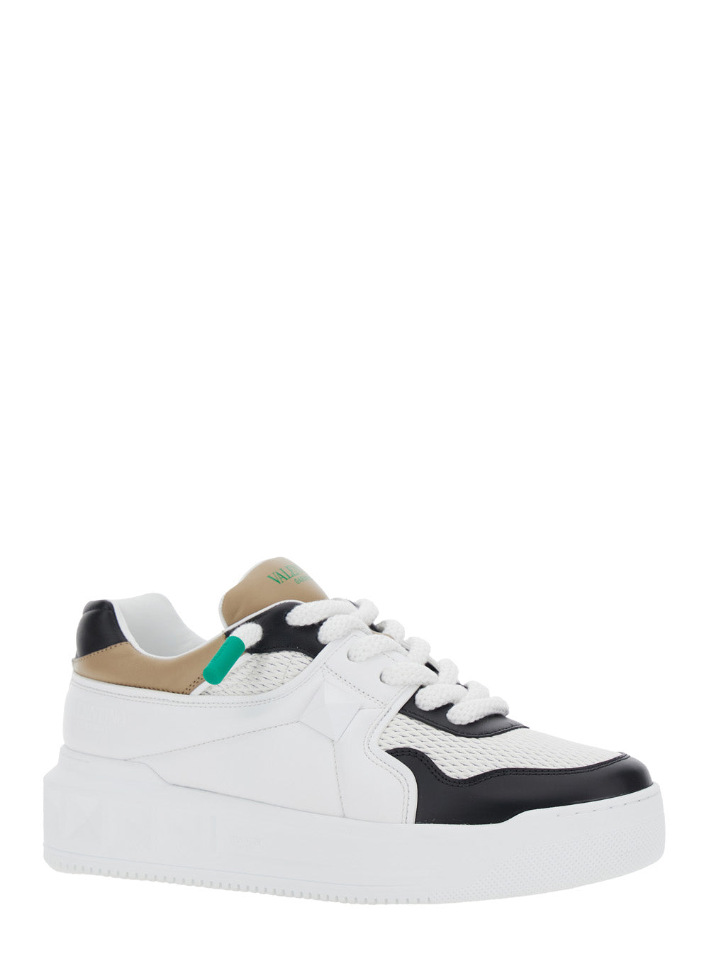 Valentino Garavani Men 'One Stud' White Low Top Sneakers With Rockstud Detail And Color-Block Panels In Leather Man
