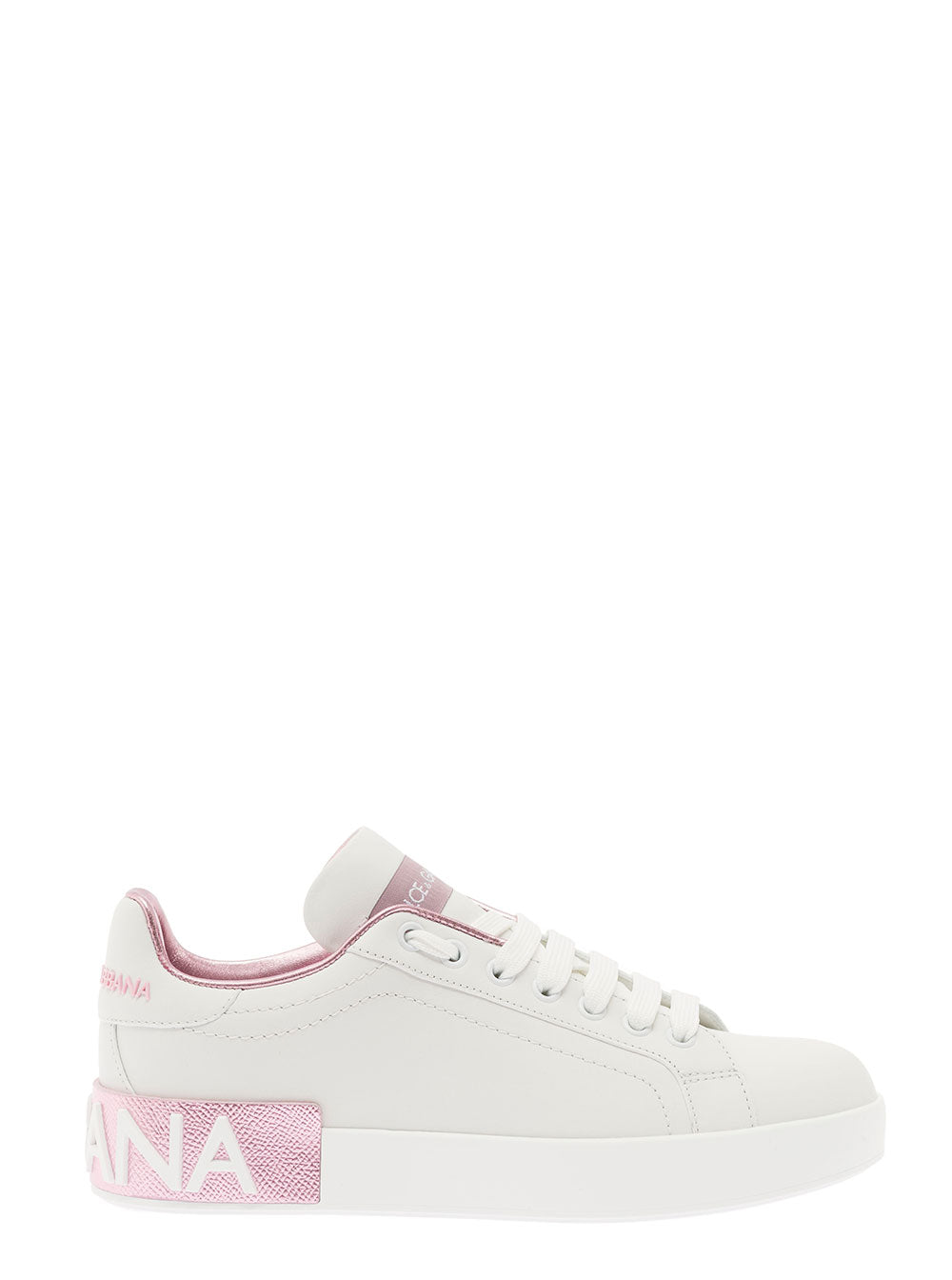 Dolce & Gabbana Women 'Portofino' White And Pink Low Top Sneakers With Logo In Leather Woman