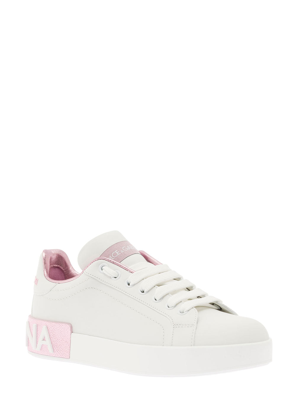 Dolce & Gabbana Women 'Portofino' White And Pink Low Top Sneakers With Logo In Leather Woman