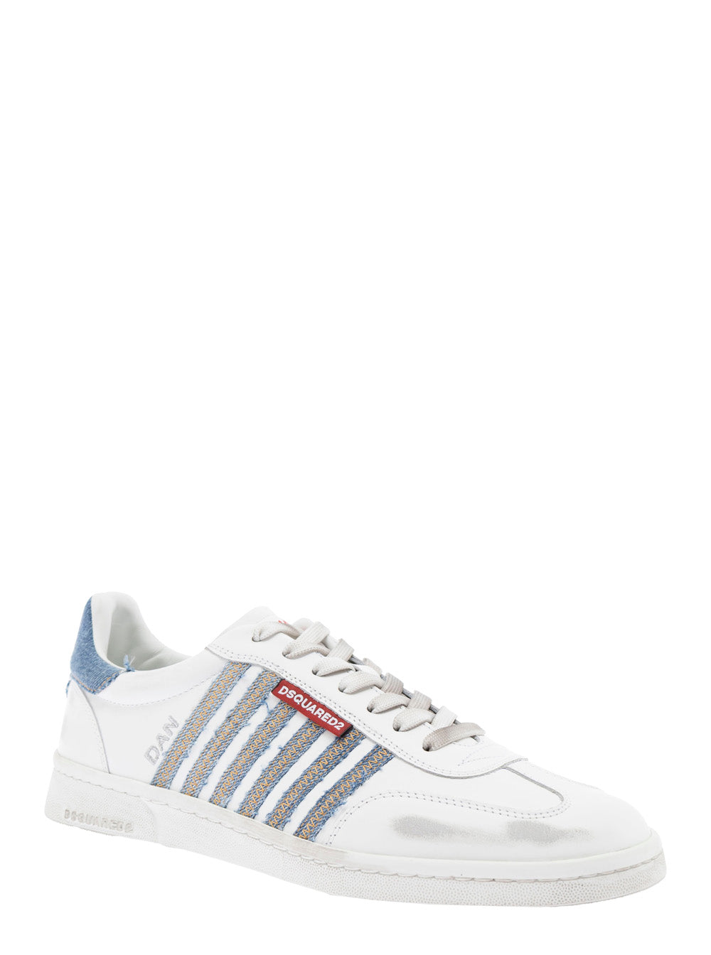 Dsquared2 Men White Low Top Sneakers With Logo Patch On Tongue And Side And Contrasting Heel With Logo In Leather And Cotton Man