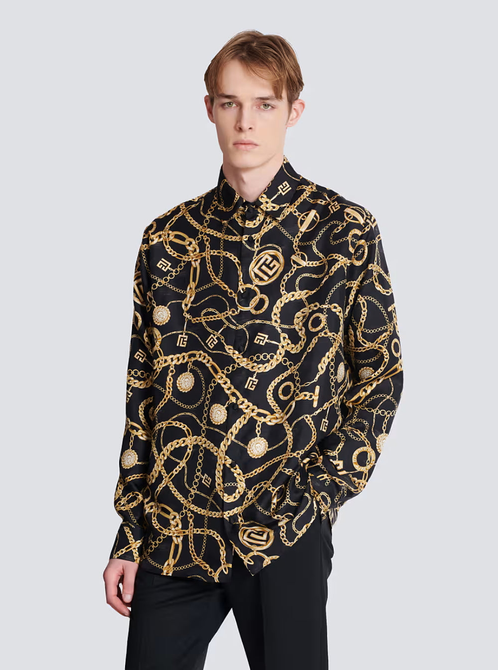 Balmain Men Black Shirt With Pointed Collar And Chain Print With Logo In Silk Man