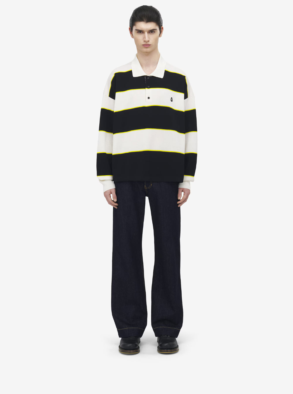 Alexander Mcqueen Men Black And White Long-Sleeve Polo Shirt With Logo Patch On The Front And All-Over Striped Motif In Cotton Blend Man