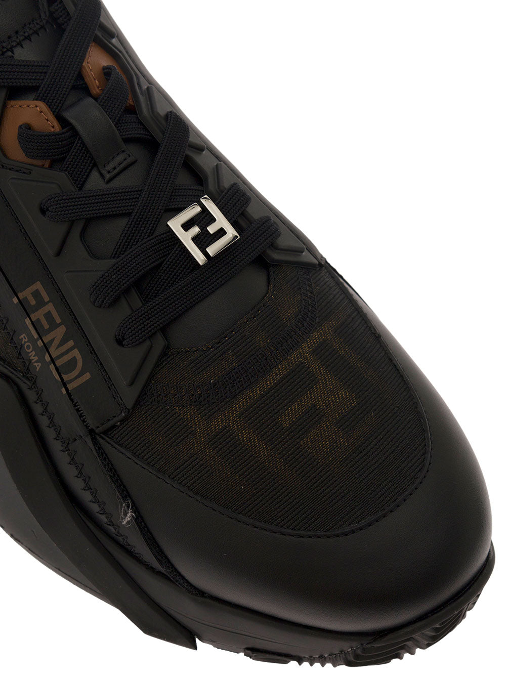 Fendi Men 'Fendi Flow' Black Low Top Sneakers With Diagonal F Detail In Leather Man