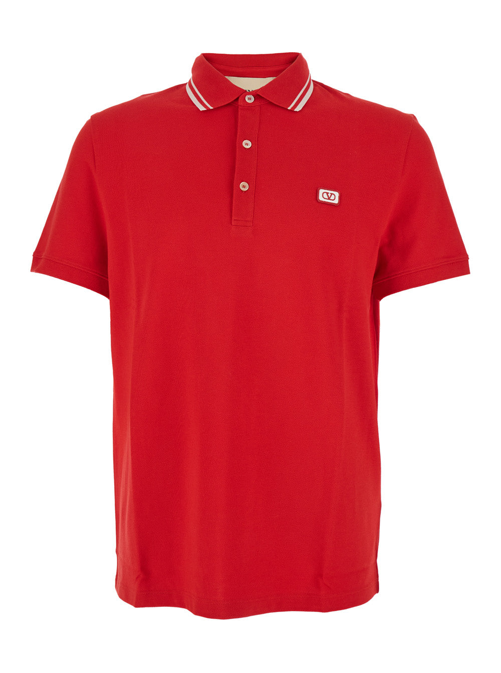 Valentino Men Red Polo Shirt With Classic Collar With Stirped Detail And Logo Patch On The Front In Cotton Piquet Man