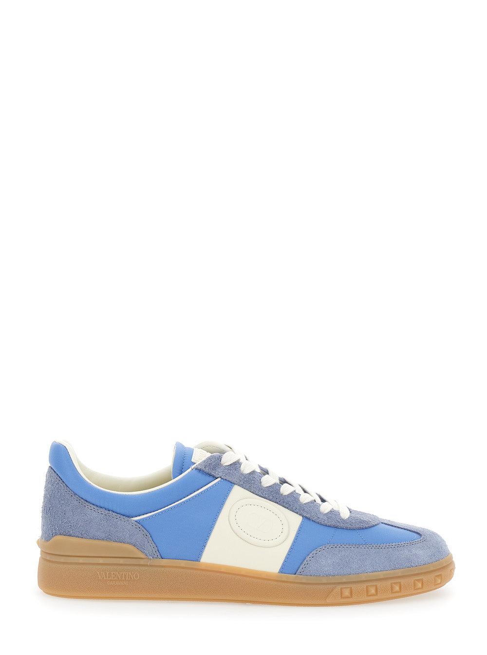 Valentino Garavani Men 'Upvillage' Light Blue Low Top Sneakers With Logo Patch On The Tongue And Rockstud Embellishments On The Sole In Suede Man